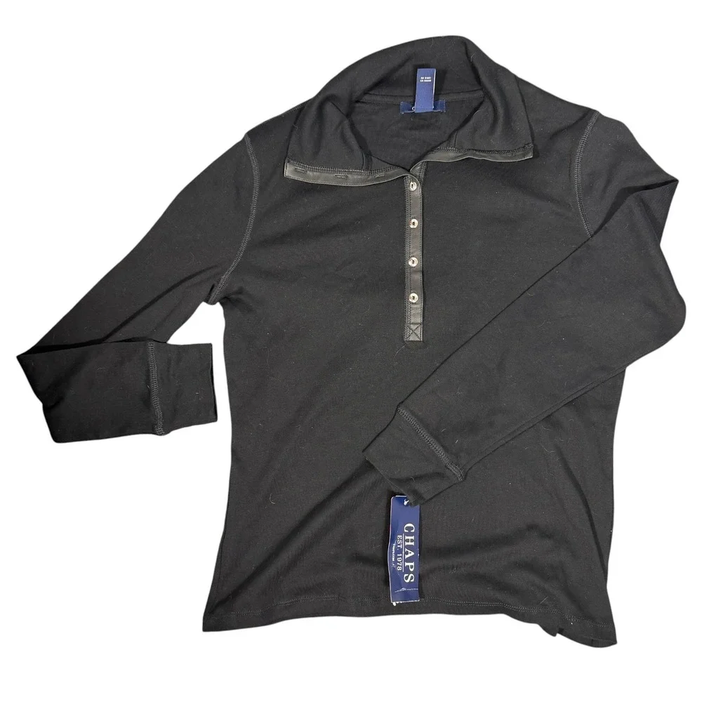 Chaps Polo Shirt Womens Large Black Faux Leather Trim Snap Long Sleeve NEW - Picture 10 of 11